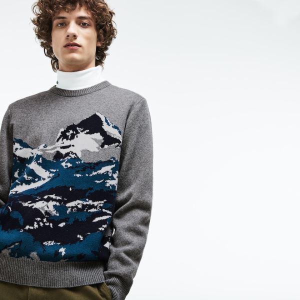 Lacoste Crew Neck Alpine Print Wool And Cotton Jacquard Sweater Pánské - Svetr Šedé / Zelene / Blank